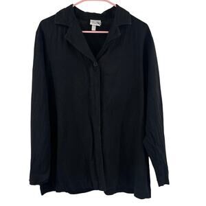 EILEEN FISHER Cardigan Size Large One Button Closure Linen Rayon Blend Black